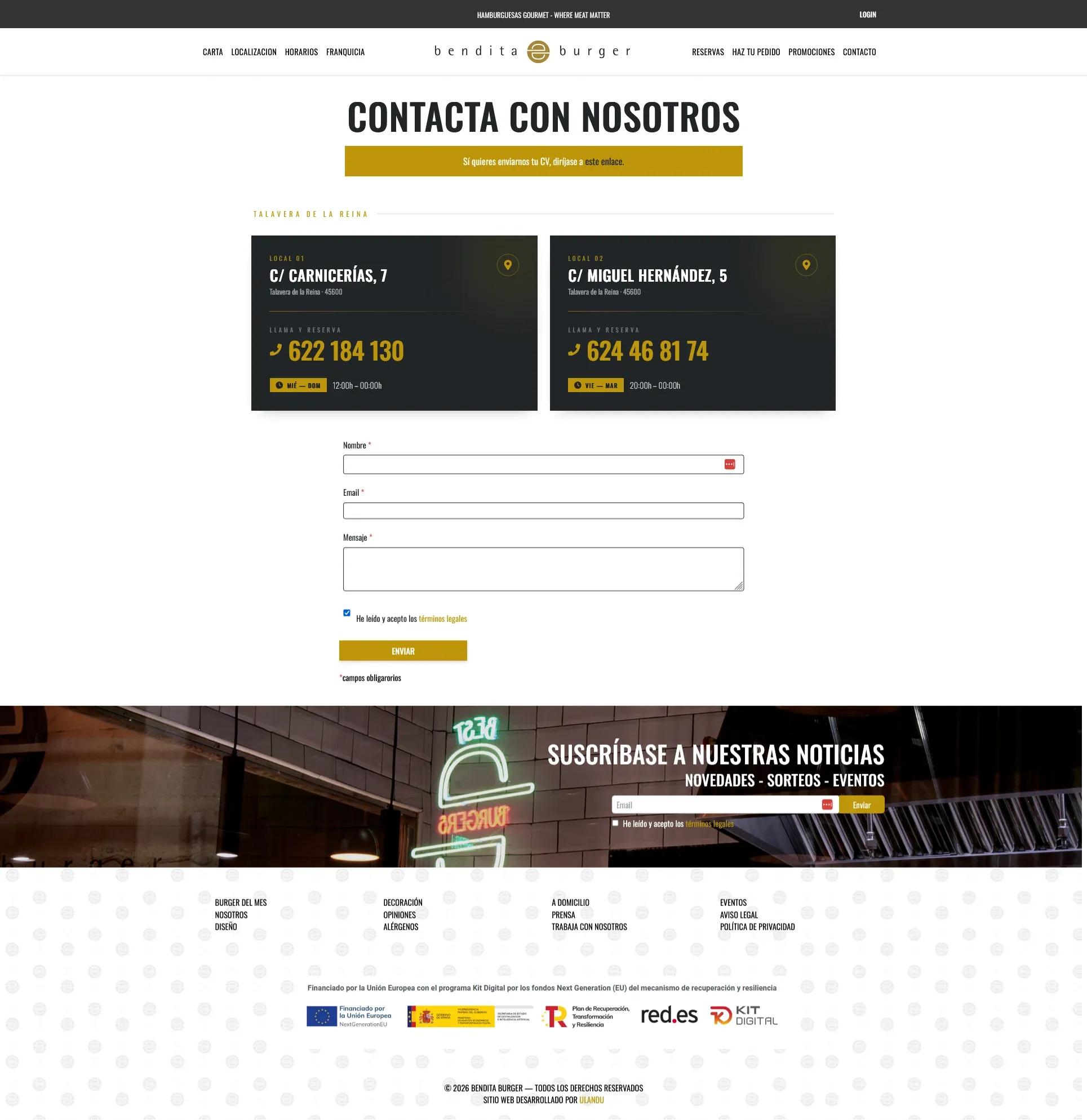 Página de contacto de Bendita Burger