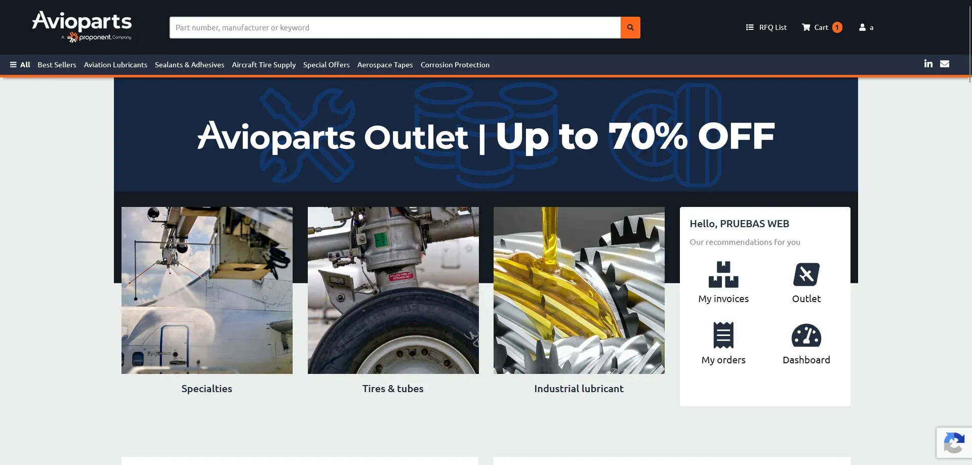 Home del ecommerce de recambios aeronáuticos de Avioparts