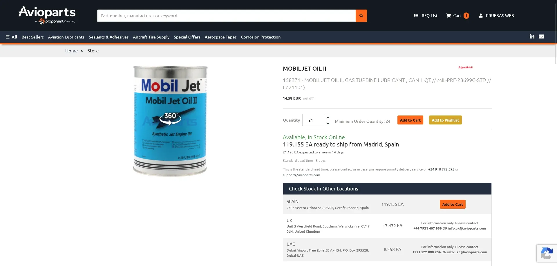 Ficha de producto en el ecommerce de Avioparts