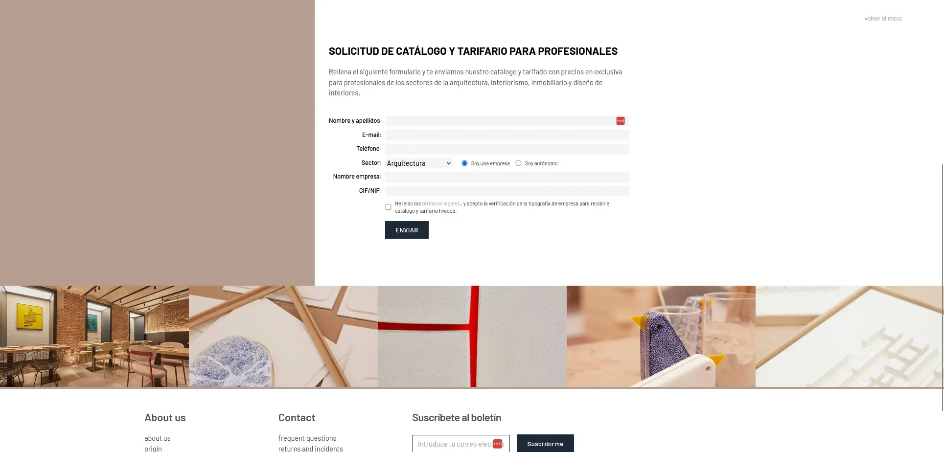 Solicitud de catálogo para profesionales de Hiwood